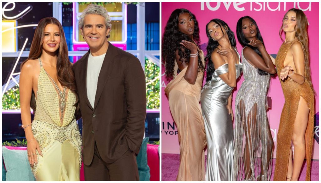 Two images: 1) A man and woman posing together on a stage with colorful lights. 2) Four women in glamorous dresses posing together in front of a pink backdrop with "Love Island" text.