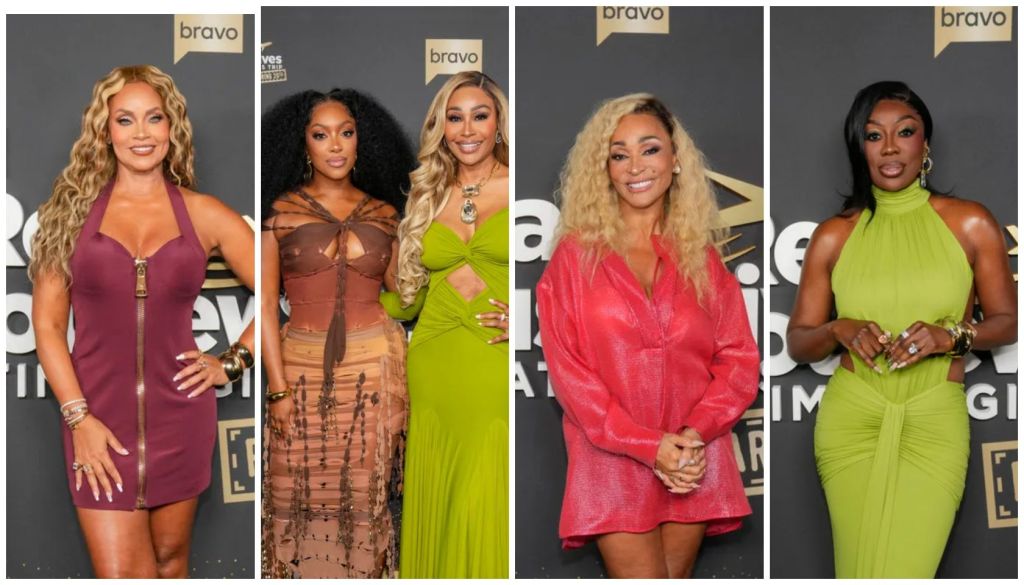 A collage of five women posing at a Bravo network event. The women are wearing colorful, stylish outfits and the Bravo logo is visible in the background.