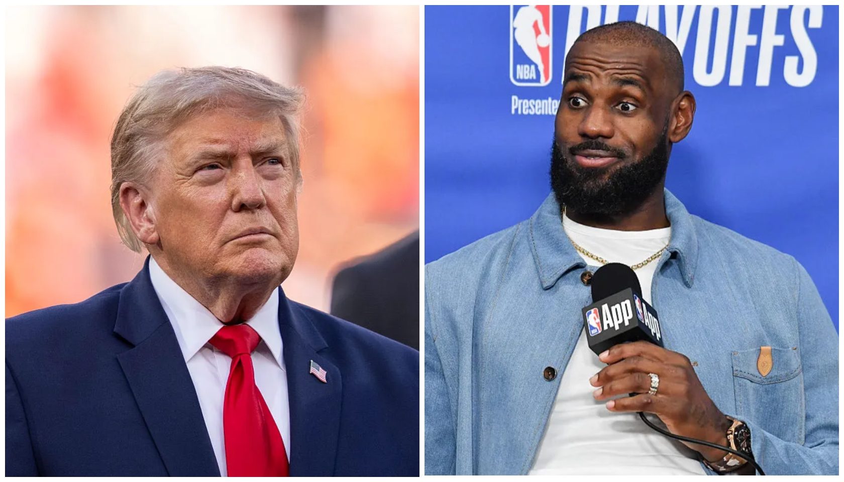 Donald Trump in a suit and tie, looking stern, and LeBron James wearing a denim jacket and holding a microphone.